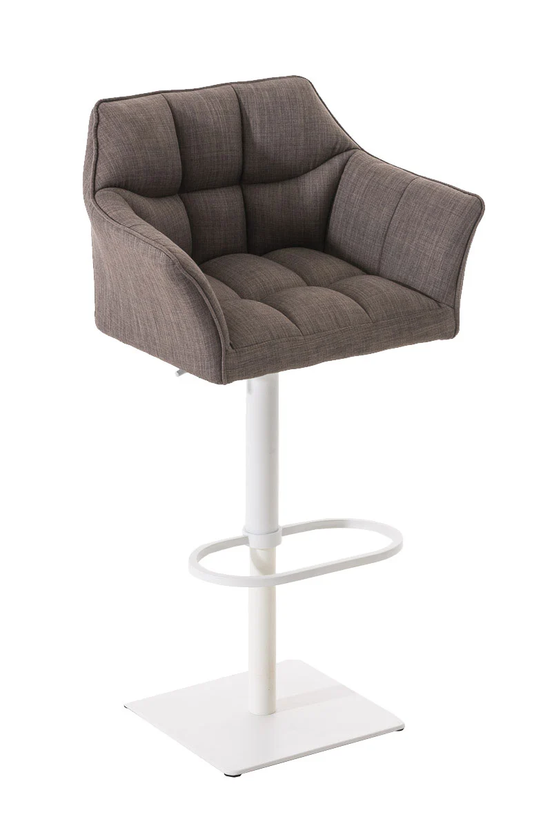 Tabouret de bar chaise haute de comptoir couture carrées assise en tissu gris cadre carré en métal blanc 10_0004754