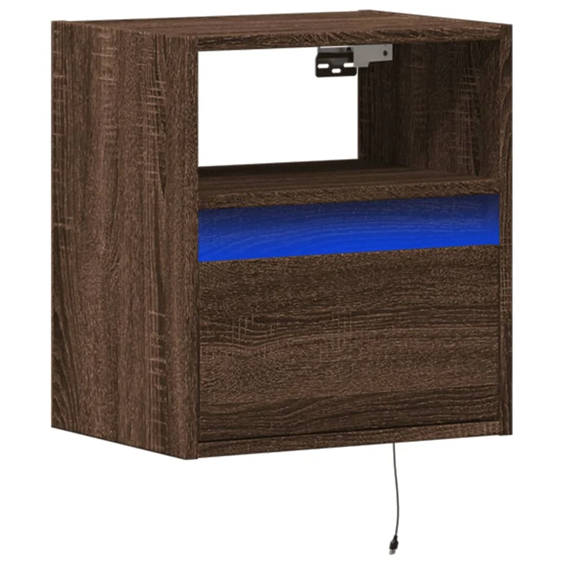 Table de chevet murale avec lumières LED tiroir et compartiment ouvert en bois d'ingénierie marron DEC034182