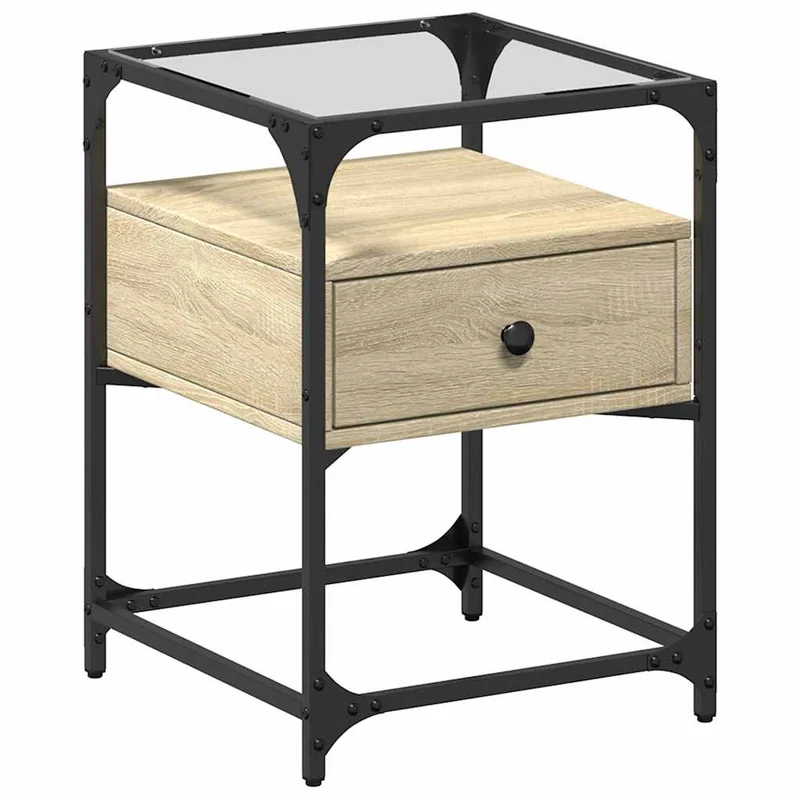 Table de chevet avec tiroir 40 x 40 x 55 cm bois d’ingénierie couleur chêne verre et acier DEC033859