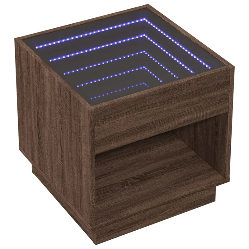 Table de chevet avec lumière LED et compartiment ouvert 50 x 50 x 50 cm bois d'ingénierie marron et verre DEC033142