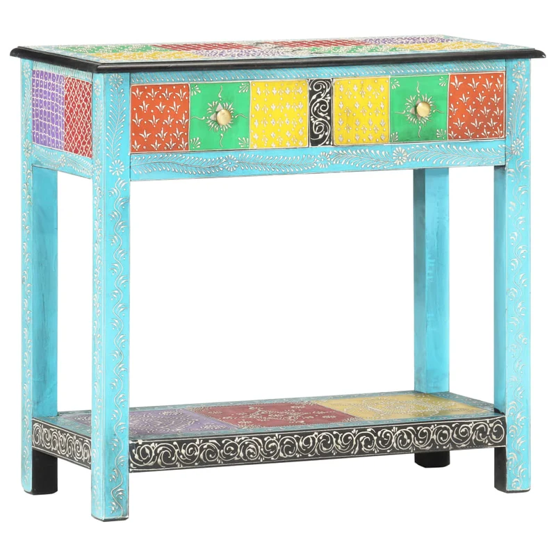 Table console peinte à la main avec 2 tiroirs et 1 étagère 80 x 35 x 75 cm bois de manguier multicolore DEC032182