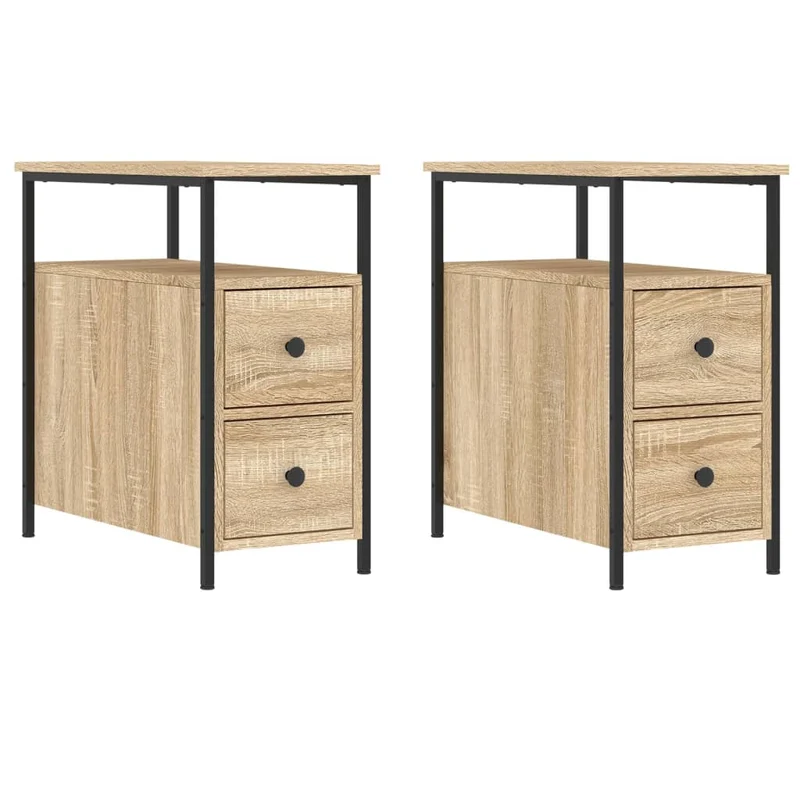 Lot de 2 tables de chevet avec tiroirs et étagère 30 x 60 x 60 cm bois ingénierie chêne et fer DEC035219