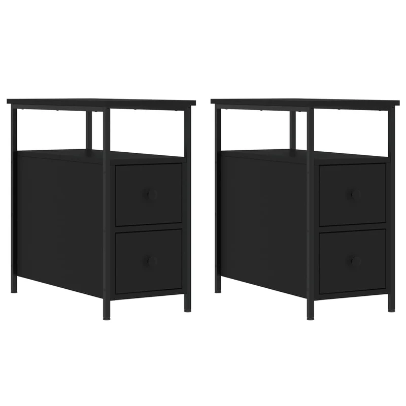 Lot de 2 tables de chevet avec deux tiroirs et étagère 30 x 60 x 60 cm bois d’ingénierie noir DEC035458