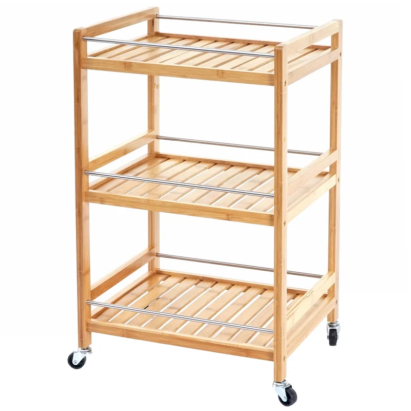 Chariot à roulettes service cuisine chariot polyvalent de bar en bambou 76x46x38cm 04_0002438