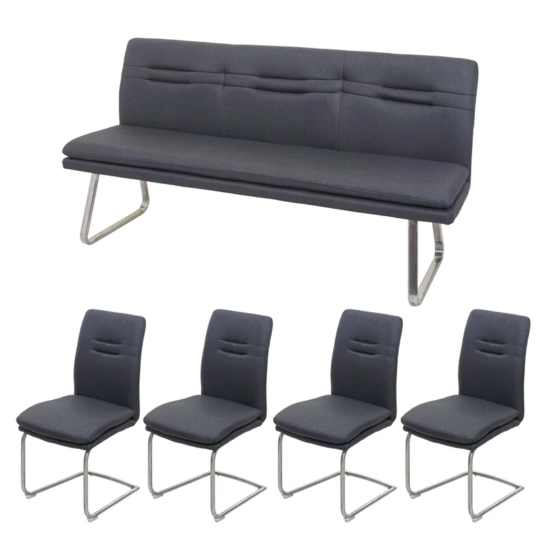 Ensemble de salle à manger 4x chaise de salle à manger et 1x banc en tissu gris foncé et acier inoxydable brossé 04_0006739