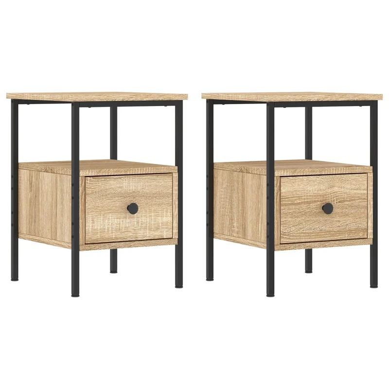 Lot de 2 tables de chevet avec tiroir et étagère 34 x 36 x 50 cm bois ingénierie couleur chêne et fer DEC035221