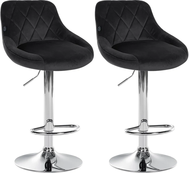 Set de 2 tabourets de bar coutures décoratives losanges assise en velour noir et cadre en métal chromé TDB10773