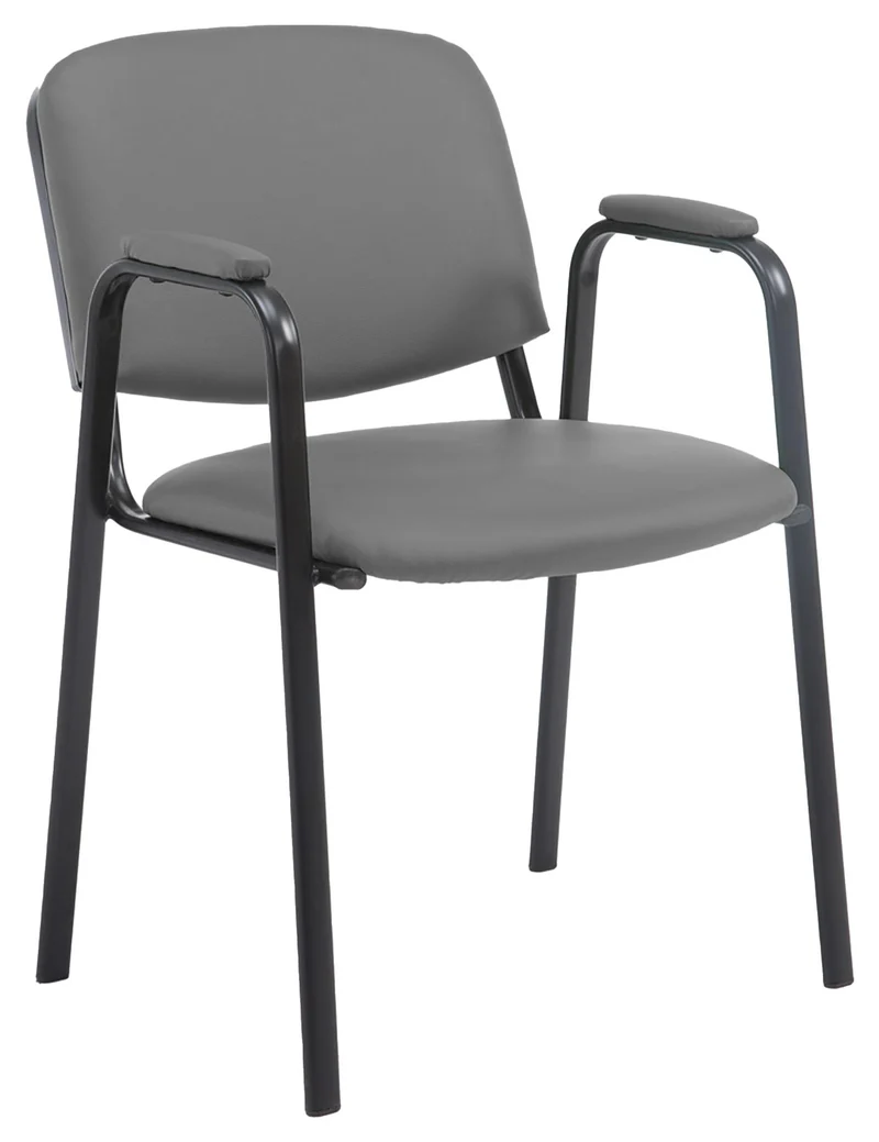 Chaise visiteur avec accoudoirs intégrés zone d'attente en PVC gris piètement à 4 pieds en métal noir 10_0003377