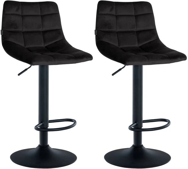 Lot de 2 tabourets de bar en velours noir base métal noir réglable en hauteur et repose-pieds TDB10628