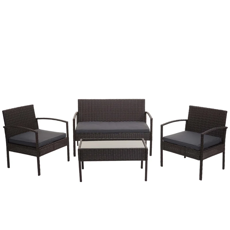 Ensemble pour extérieur balcon/jardin/salon en polyrotin marron coussins gris foncé 04_0004200