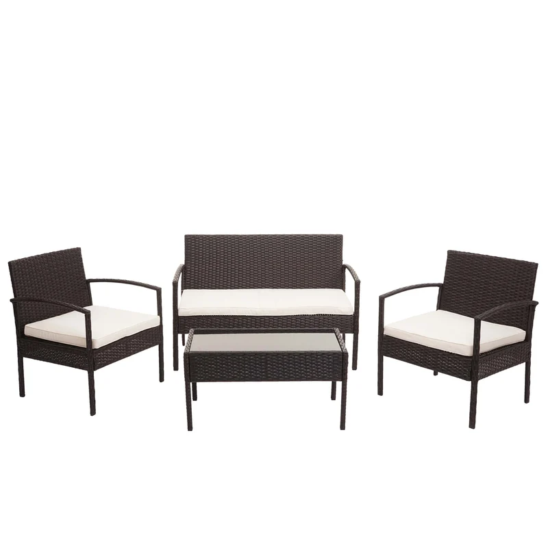 Ensemble pour extérieur balcon/jardin/salon en polyrotin marron, coussin crème 04_0003246