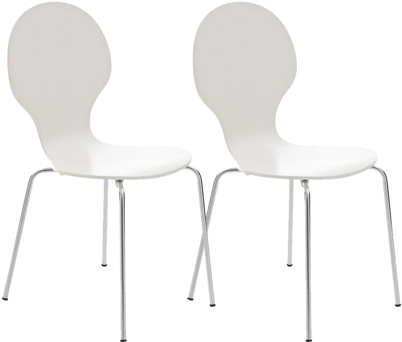 Lot de 2 chaises de cuisine salle à manger empilables dossier arrondi en bois blanc et métal chromé 10_0003085