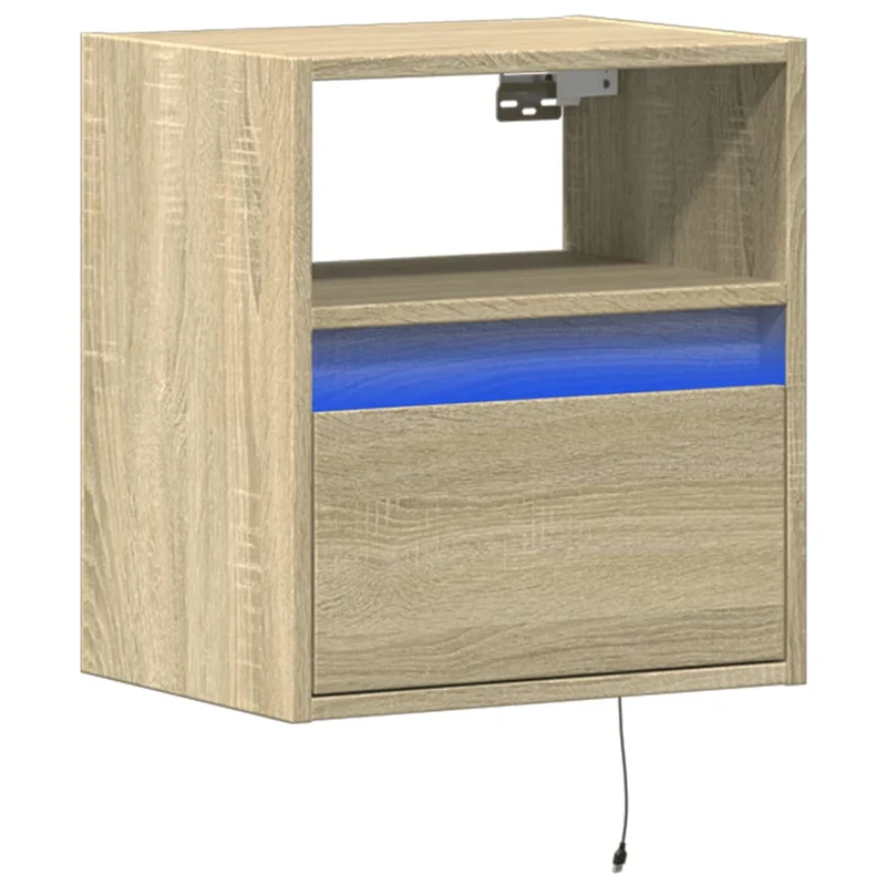 Table de chevet murale avec lumières LED avec tiroir 41 x 31 x 45 cm en bois d'ingénierie couleur chêne DEC034190
