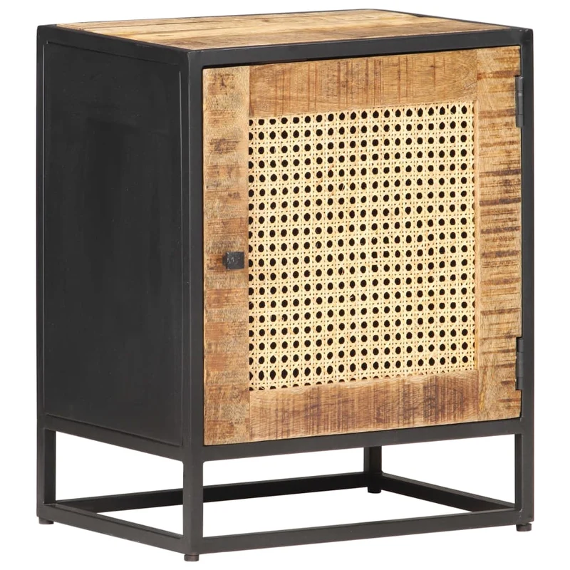 Table de chevet avec compartiment avec porte 40 x 30 x 50 cm bois de manguier canne et fer DEC032931