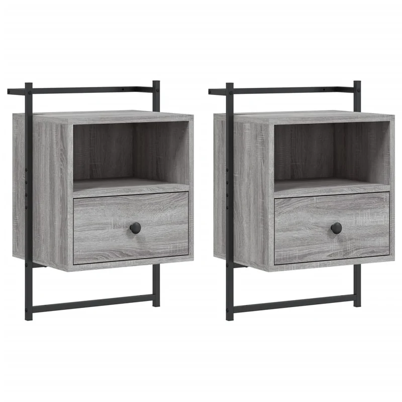 Set de 2 tables de chevet murale avec tiroir et compartiment 40 x 30 x 61 cm bois d'ingénierie gris et métal DEC034158