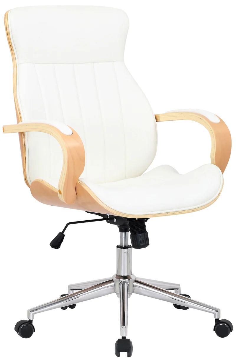 Fauteuil de bureau avec roulettes synthétique blanc et bois clair hauteur réglable BUR10466