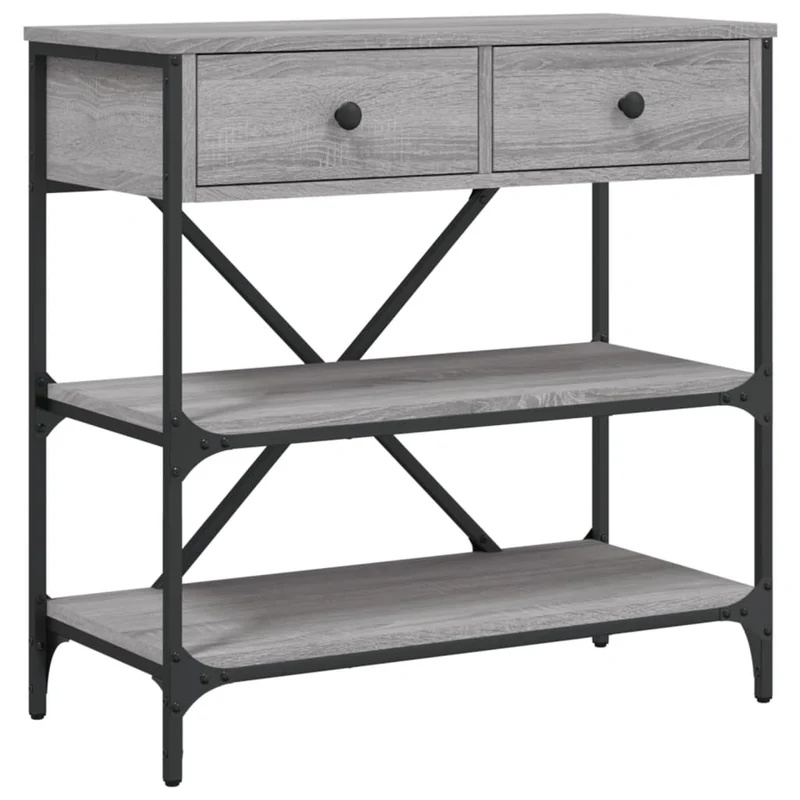 Table console avec tiroirs et étagères 75 x 34,5 x 75 cm bois d'ingénierie gris et métal DEC032244