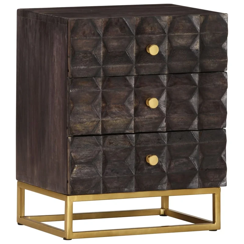 Table de chevet design de blocs et 3 tiroirs 40 x 30 x 50 cm bois de manguier noir et fer DEC034396