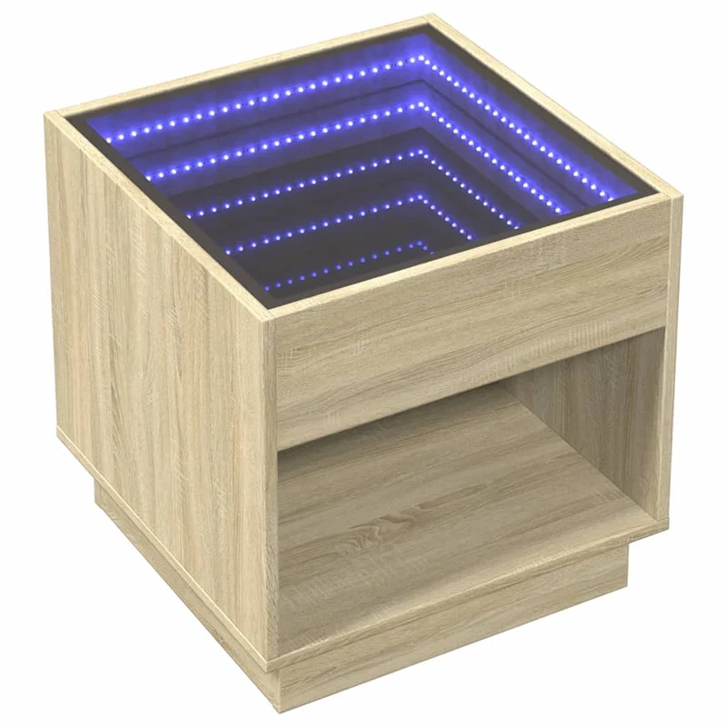 Table de chevet avec miroir à LED et compartiment ouvert 50 x 50 x 50 cm bois d'ingénierie couleur chêne verre DEC033149