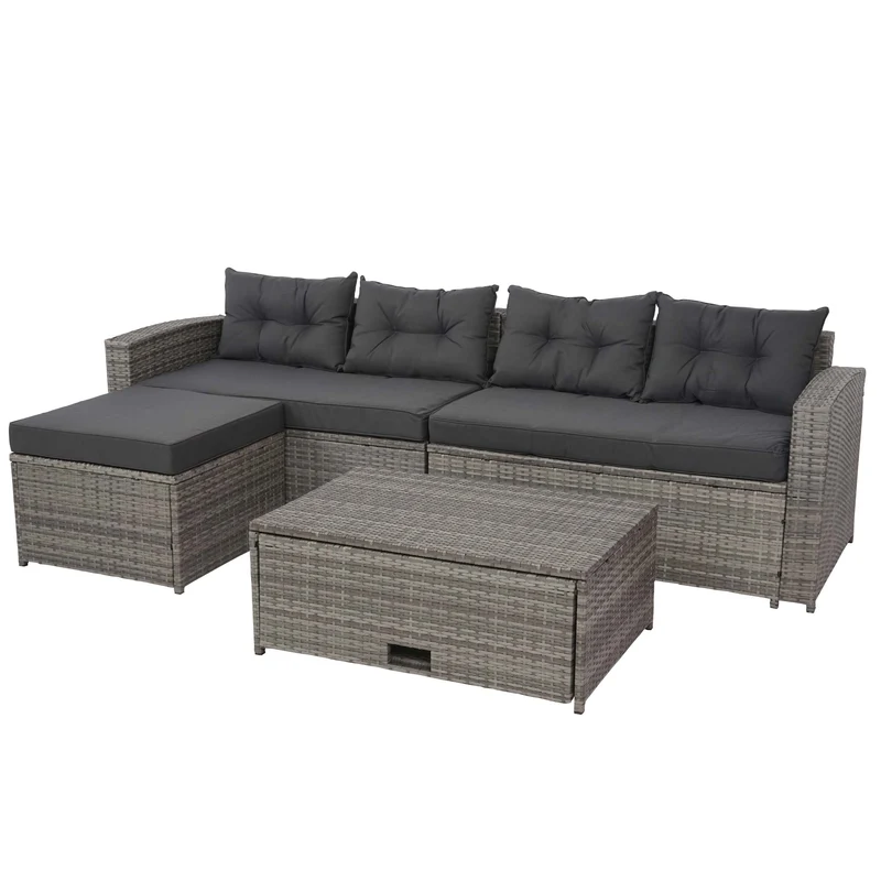 Salon de jardin en polyrotin pour balcon jardin terrasse canapé table basse pouf compartiment de rangement gris coussins gris foncé 04_0004234