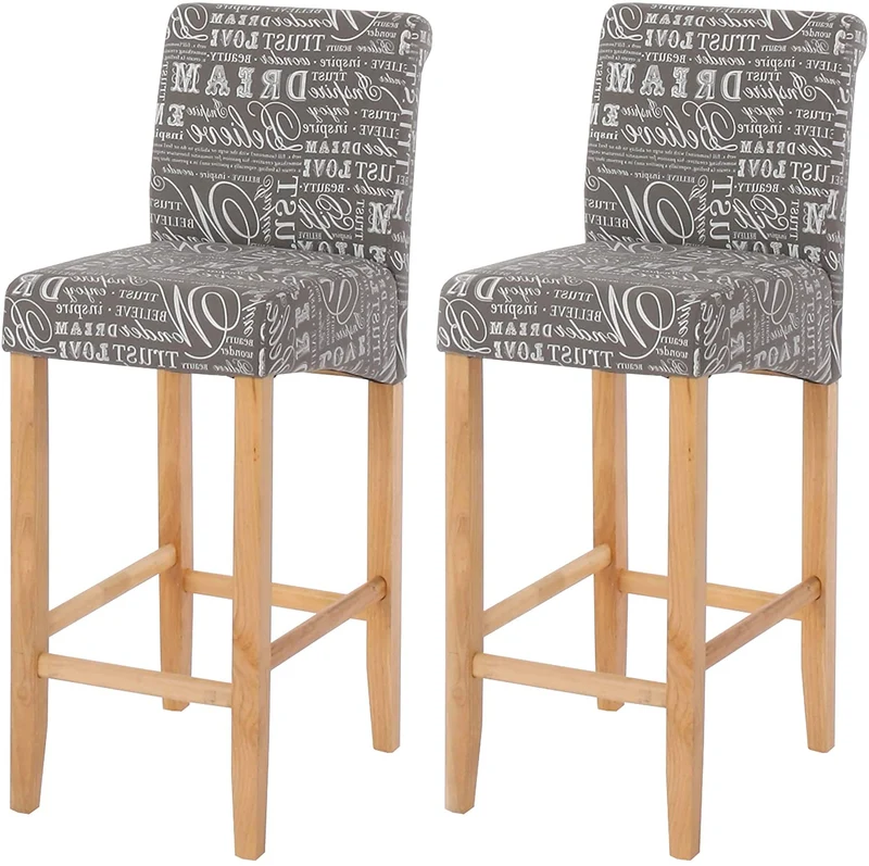Lot de 2 tabourets de bar en tissu motif écriture gris pieds clairs avec repose pieds TDB04075