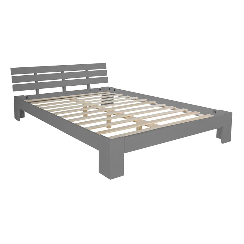 Lit double 2 personnes pour adulte avec sommier à lattes en bois gris 140x 200 cm LIT06209