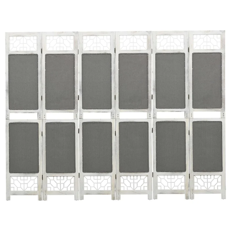 Paravent séparateur de pièce cloison 6 panneaux 210 x 165 cm tissu gris et bois blanc DEC031073
