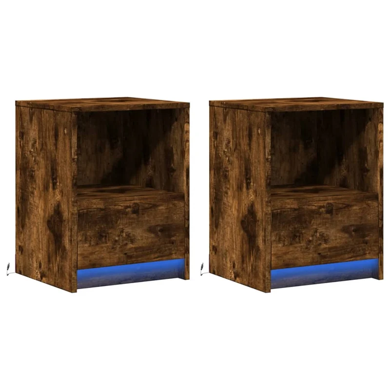 Lot de 2 tables de chevet avec tiroir et LED en bois d'ingénierie couleur chêne fumé marron DEC032842