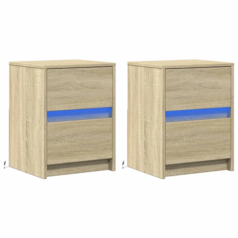 Lot de 2 tables de chevet avec tiroirs et LED 38 x 34 x 50 cm bois d'ingénierie couleur chêne DEC032849