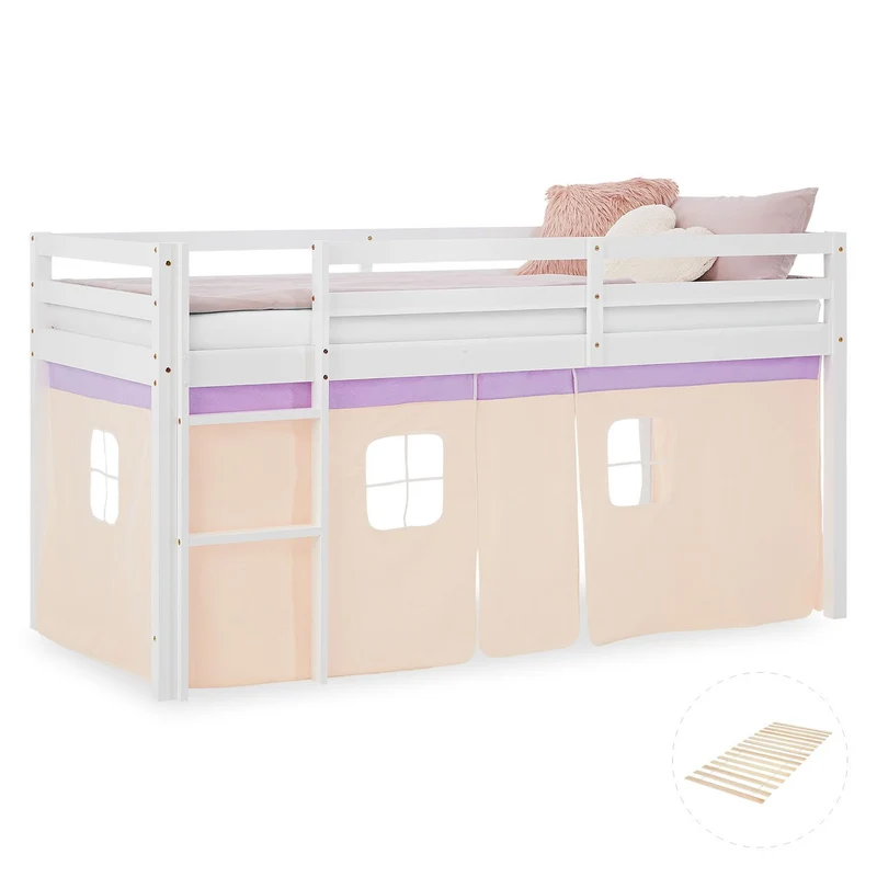 Lit mezzanine avec sommier à lattes 90x200cm avec échelle en bois laqué blanc et toile beige-lilas incluse sans matelas LIT06246