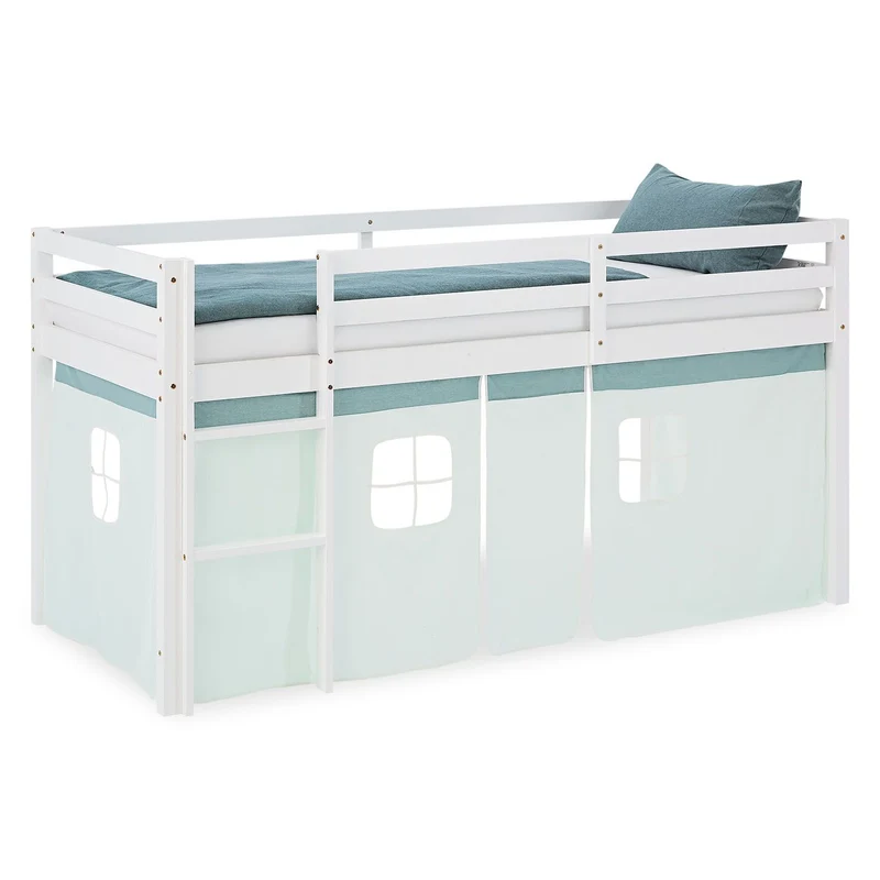 Lit mezzanine avec sommier à lattes 90x200cm avec échelle en bois laqué blanc et toile vert menthe incluse sans matelas LIT06245