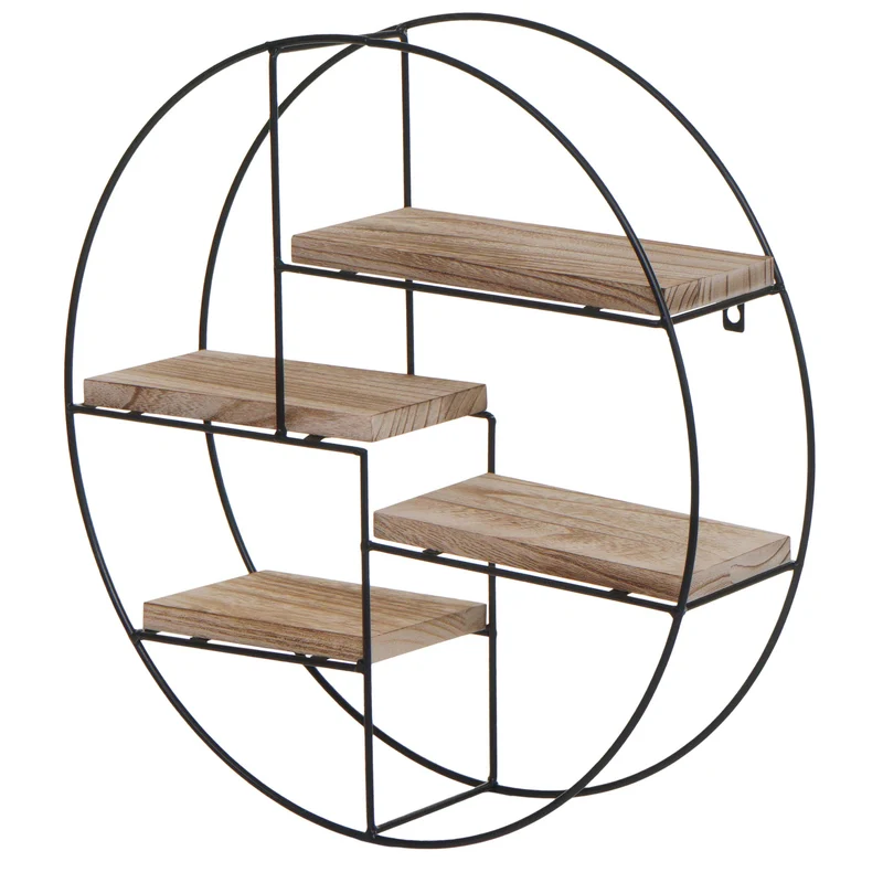 Étagère murale suspendue 4 niveaux en métal et bois naturel design industriel forme ronde 45 x 45 x 11 cm 04_0008663