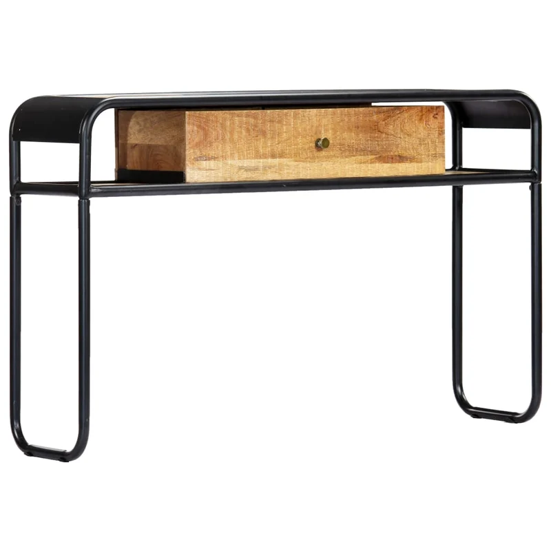 Table d'appoint console avec tiroir de rangement et deux compartiments 118 x 30 x 75 cm bois de manguier massif et acier DEC031541