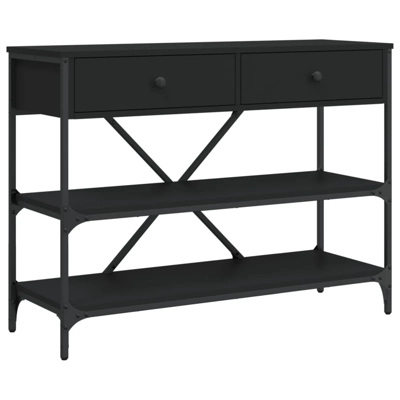 Table console avec tiroirs et étagères en bois d'ingénierie et acier noir DEC031637