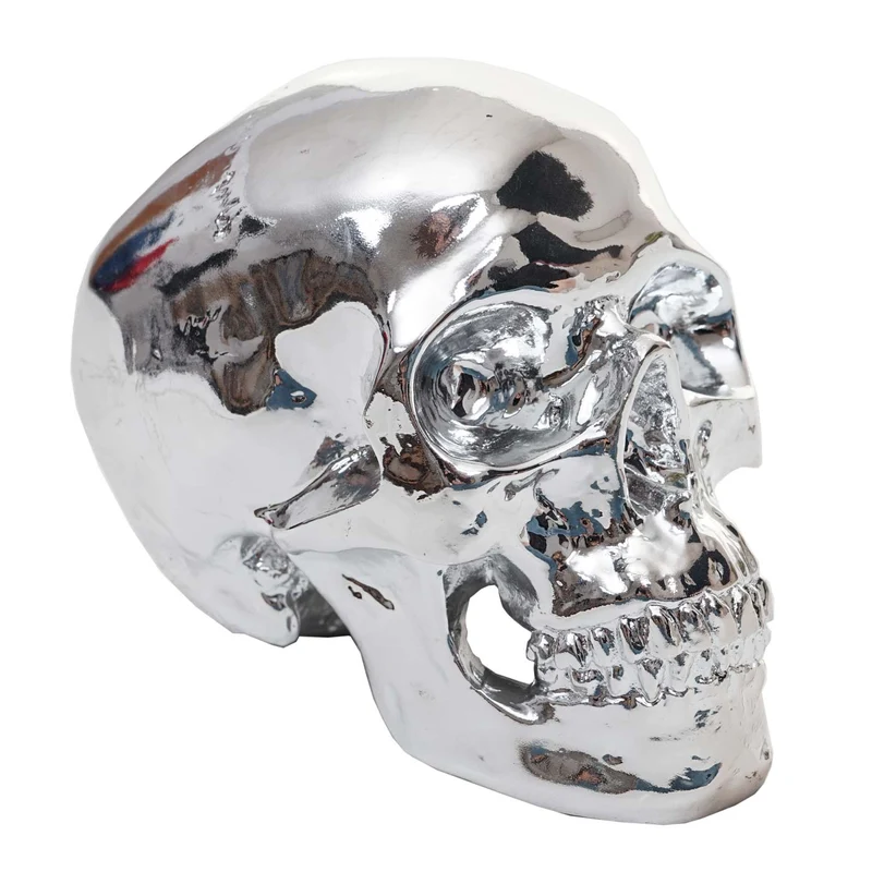Crâne décoratif sculpture en polyrésine, intérieur/extérieur 18cm argent brillant 04_0002839