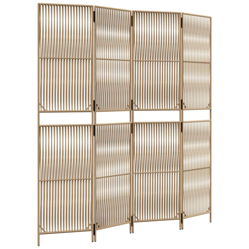 Paravent séparateur de pièce cloison 4 panneaux en résine tressée beige et acier DEC030830