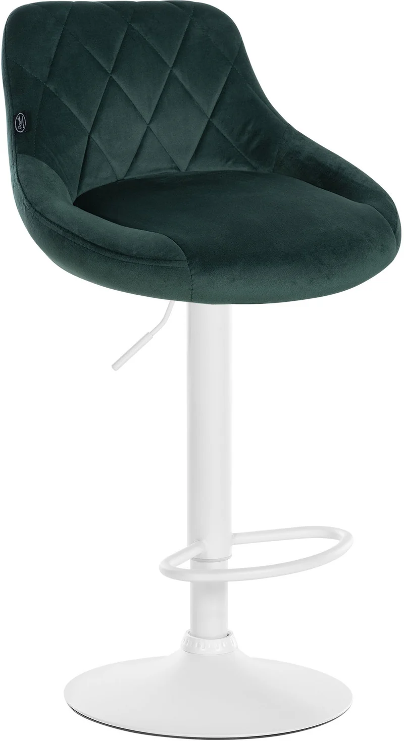 Tabouret de bar en velours vert coutures décoratives pivotant support métal blanc TDB10662