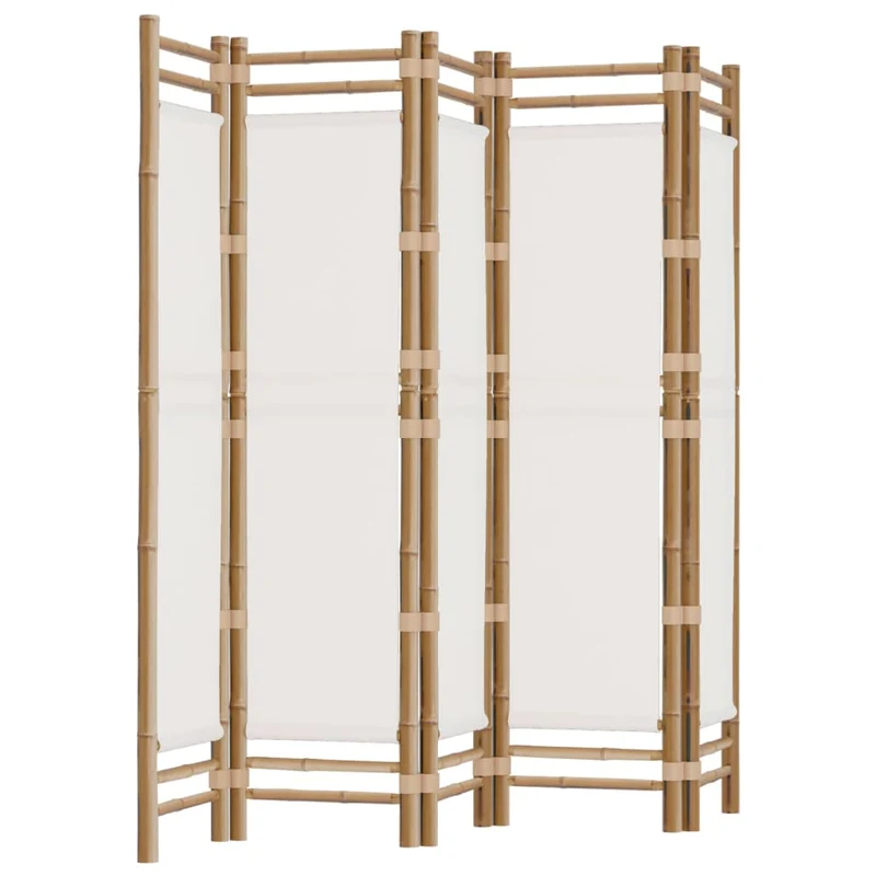 Paravent séparateur de pièce cloison pliante 5 panneaux 200 cm bambou et toile crème DEC031191