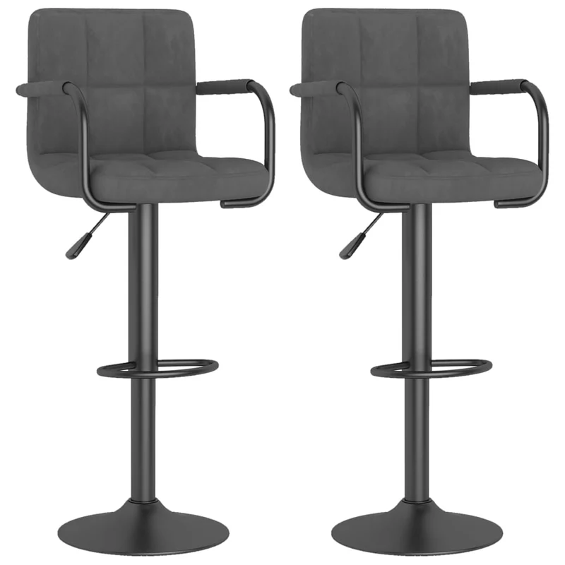 Lot de 2 tabourets de bar chaises hautes avec dossier et accoudoirs en velours gris foncé et acier DEC029718