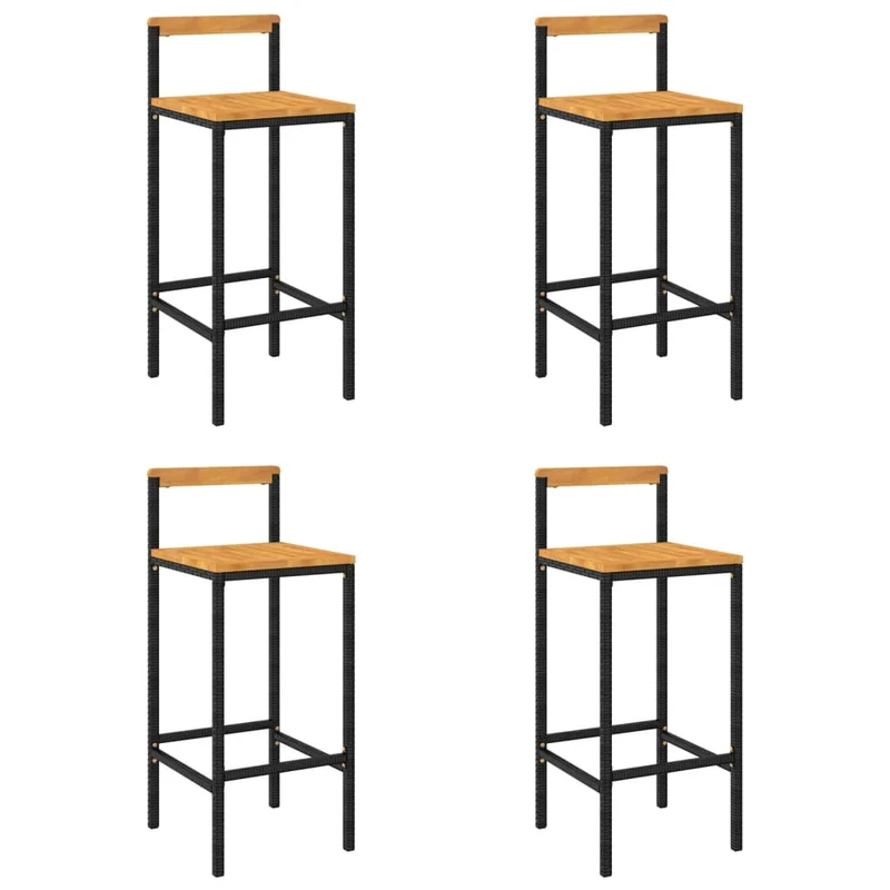 Lot de 4 tabourets de bar chaises hautes en résine tressée noir et bois d'acacia DEC029923