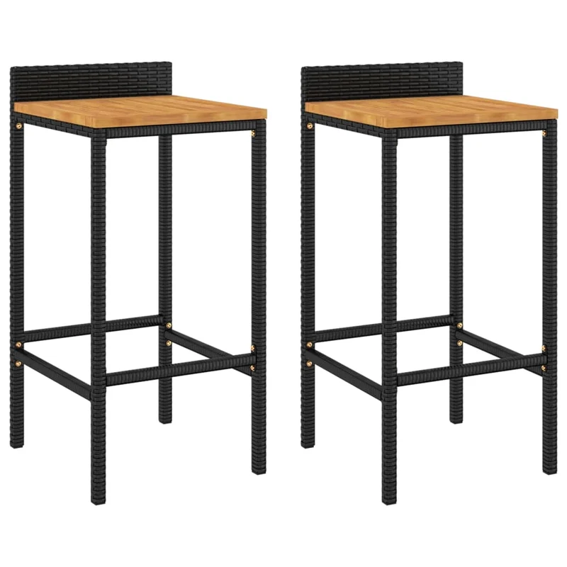 Lot de 2 tabourets de bar chaises hautes en résine tressée noir et bois d'acacia DEC029802