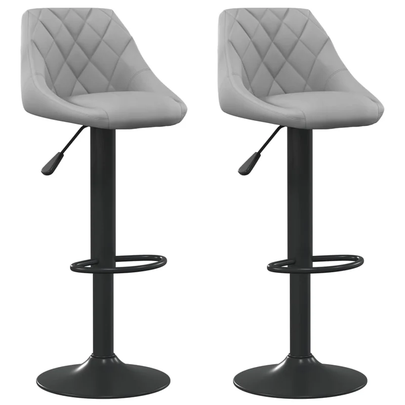 Lot de 2 tabourets de bar chaises hautes coutures losanges en velours gris clair et acier noir DEC029691