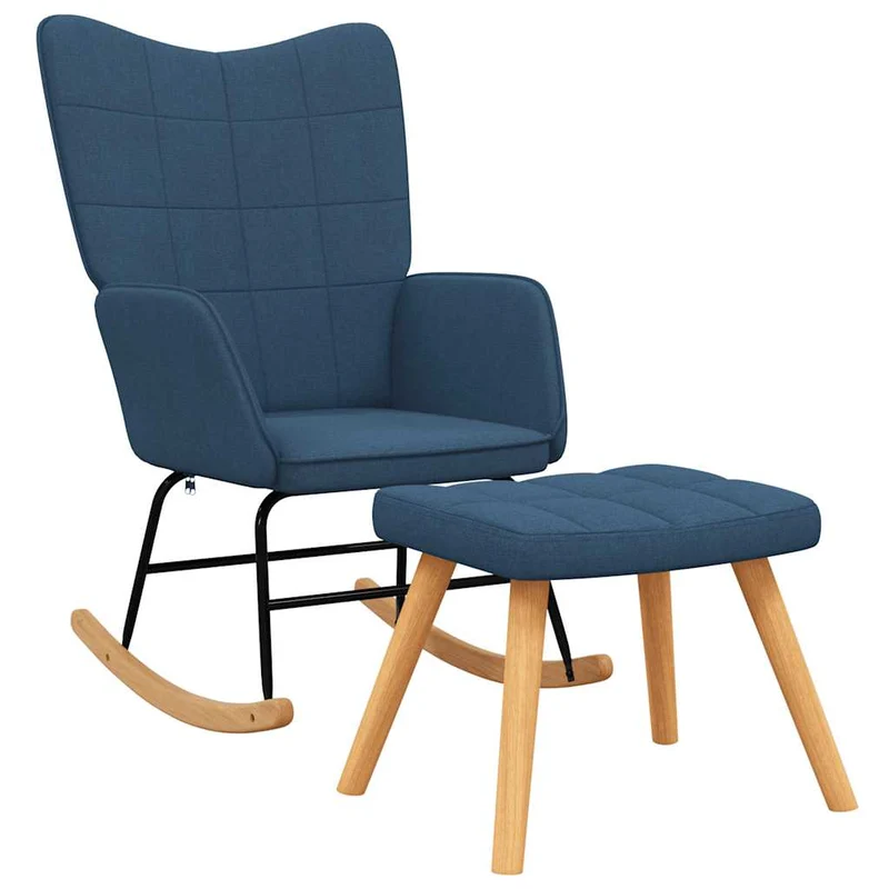 Fauteuil à bascule rembourré relax pour salon avec repose-pieds en tissu bleu DEC028868