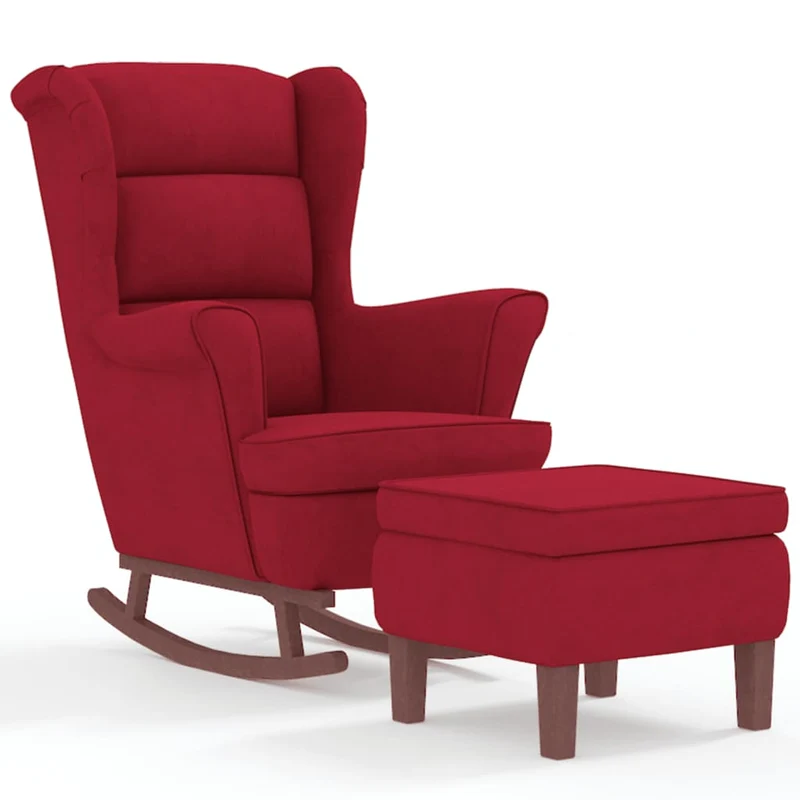 Fauteuil à bascule d'allaitement rembourré avec repose-pieds avec pieds en bois siège en velours bordeaux rouge DEC028752