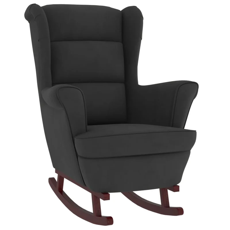 Fauteuil à bascule et pieds en bois massif d'hévéa et velours noir extra confort DEC029150