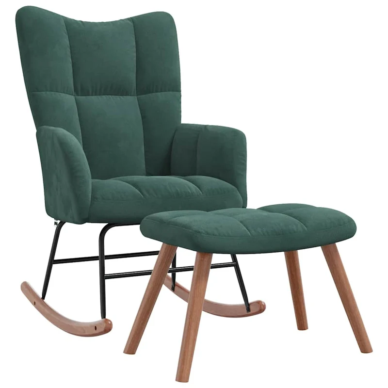 Fauteuil à bascule d'allaitement rembourré relax pour salon avec repose-pied en velours vert foncé DEC028852