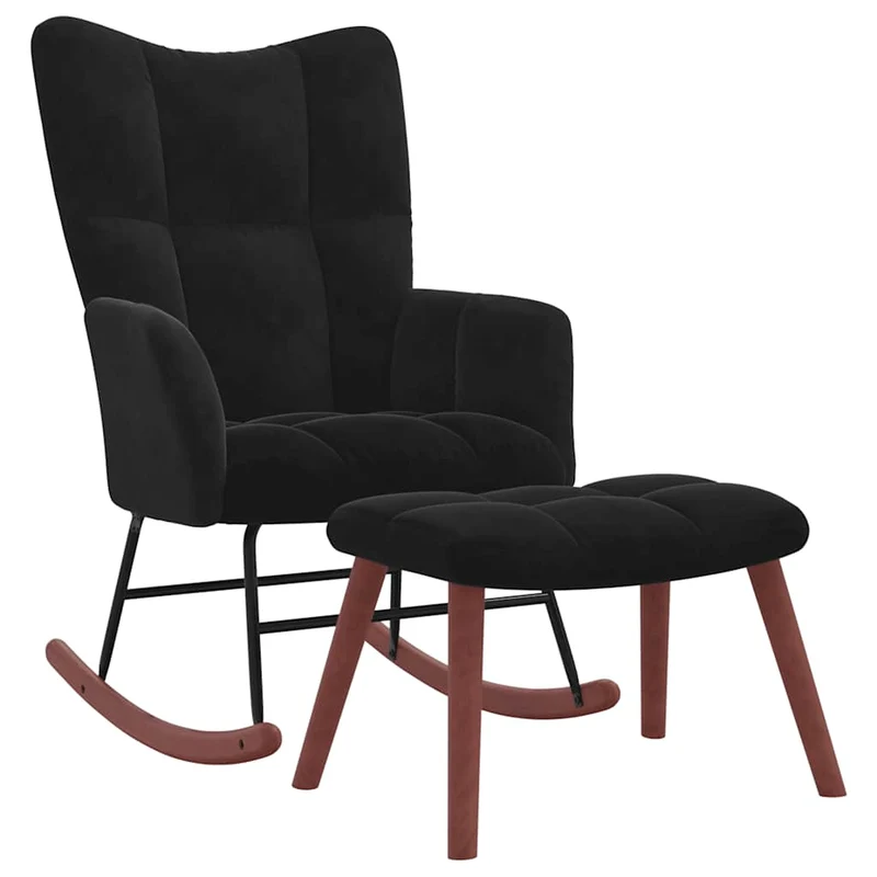 Fauteuil à bascule d'allaitement rembourré relax pour salon avec repose-pied et velours noir DEC028834