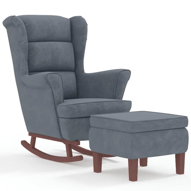 Fauteuil à bascule d'allaitement rembourré relax pour salon avec repose-pieds avec pieds en bois et velours gris foncé gris DEC028758