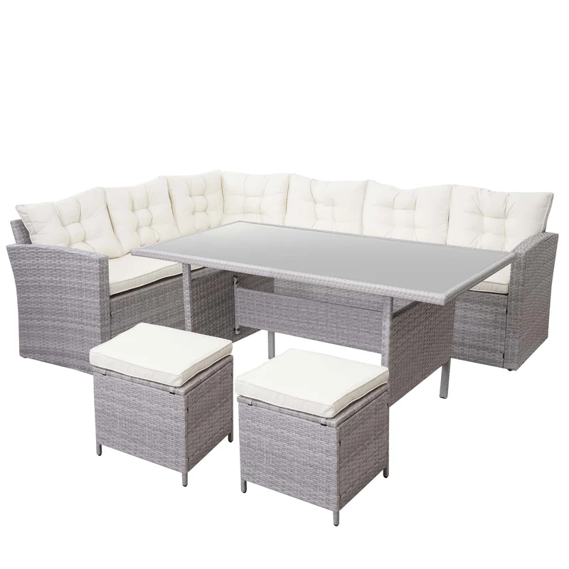 Ensemble complet de salon de jardin terrasse balcon véranda en polyrotin gris clair coussin crème avec tabouret x2 04_0004194