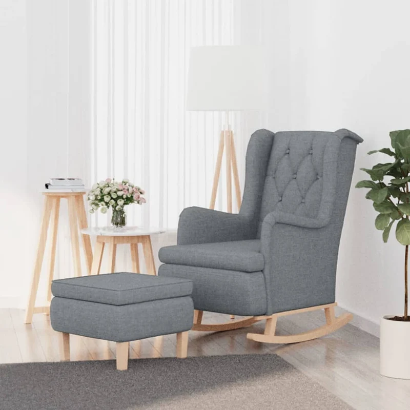 Fauteuil lounge design moderne avec pieds à bascule et tabouret gris clair tissu gris DEC026828
